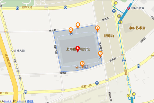 上海世博展览馆百度地图：1.北门，2.南门，3.和4.停车场，